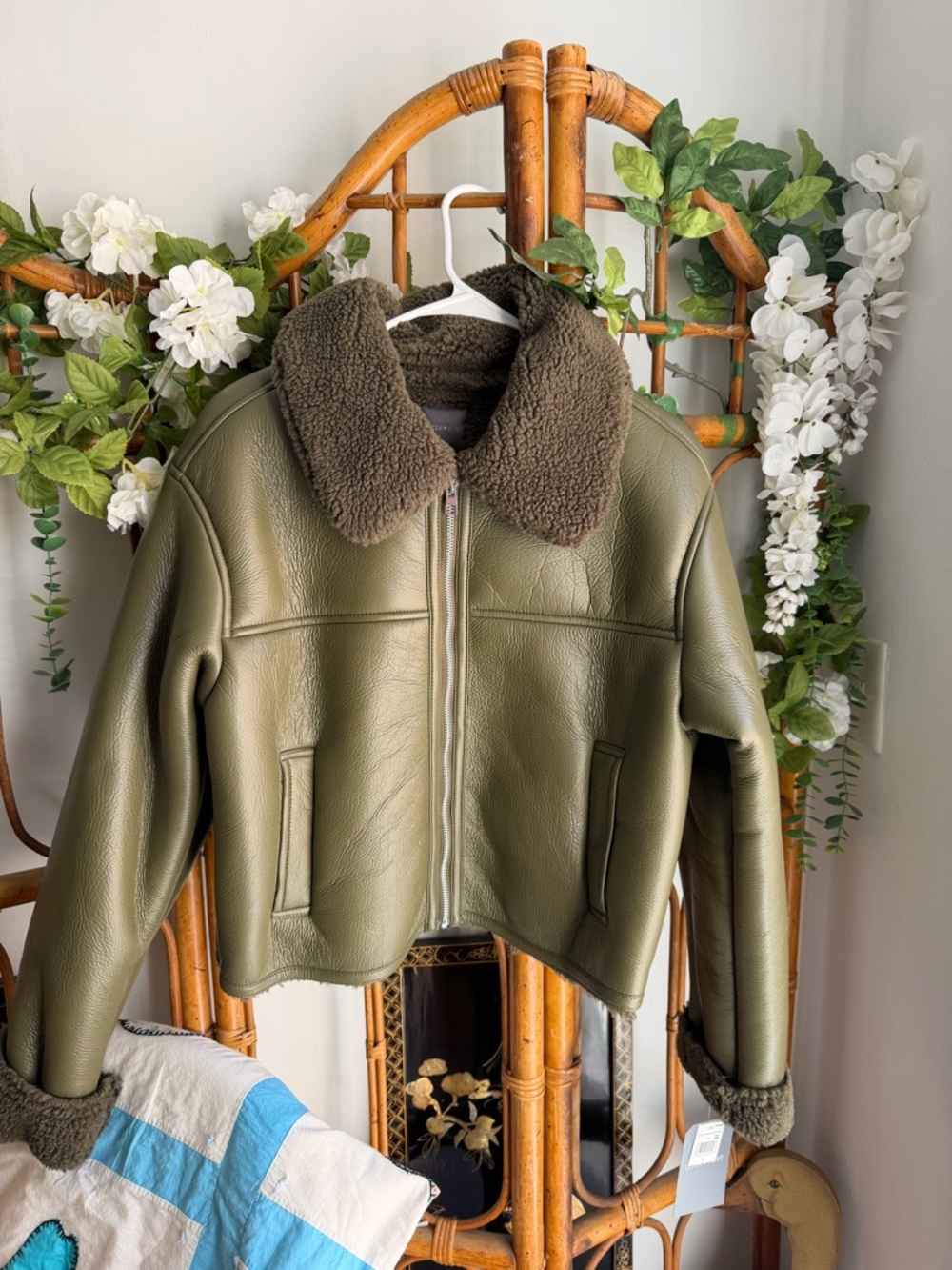Olive Green Sherpa Collar Jacket - Women